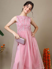 Girls Floral Embroidered Round Neck Thread Work Kurta With Palazzos