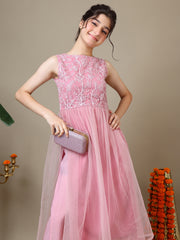 Girls Floral Embroidered Round Neck Thread Work Kurta With Palazzos