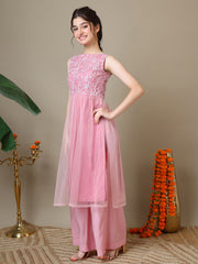 Girls Floral Embroidered Round Neck Thread Work Kurta With Palazzos