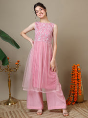 Girls Floral Embroidered Round Neck Thread Work Kurta With Palazzos