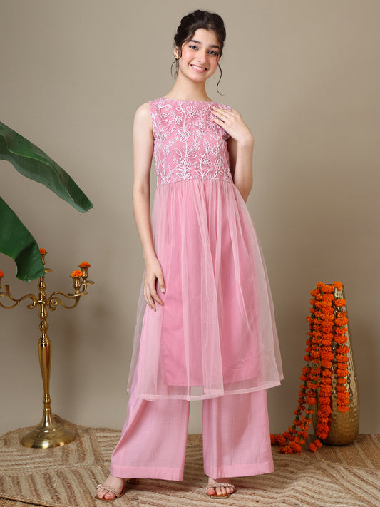 Girls Floral Embroidered Round Neck Thread Work Kurta With Palazzos