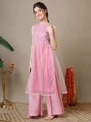 Girls Floral Embroidered Round Neck Thread Work Kurta With Palazzos