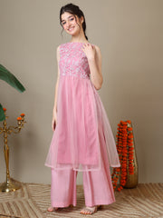 Girls Floral Embroidered Round Neck Thread Work Kurta With Palazzos