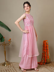 Girls Floral Embroidered Round Neck Thread Work Kurta With Palazzos