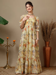 Floral Printed Bell Sleeve Maxi Ethnic Dresses