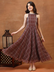 Girls Bandhani Printed Fit & Flare Midi Ethnic Dress