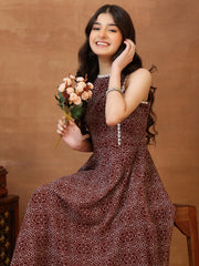 Girls Bandhani Printed Fit & Flare Midi Ethnic Dress