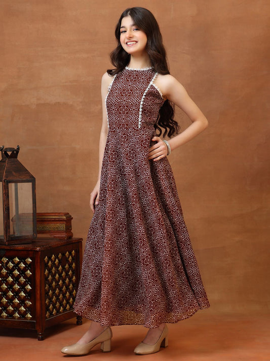 Girls Bandhani Printed Fit & Flare Midi Ethnic Dress
