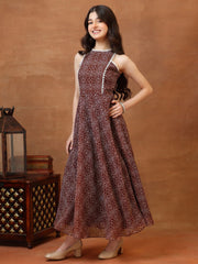 Girls Bandhani Printed Fit & Flare Midi Ethnic Dress