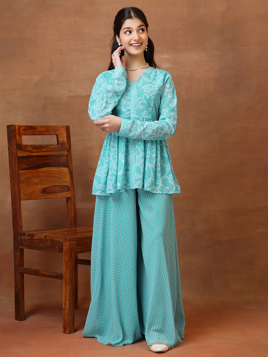 Girls Floral Printed Pleated Kurta with Palazzos