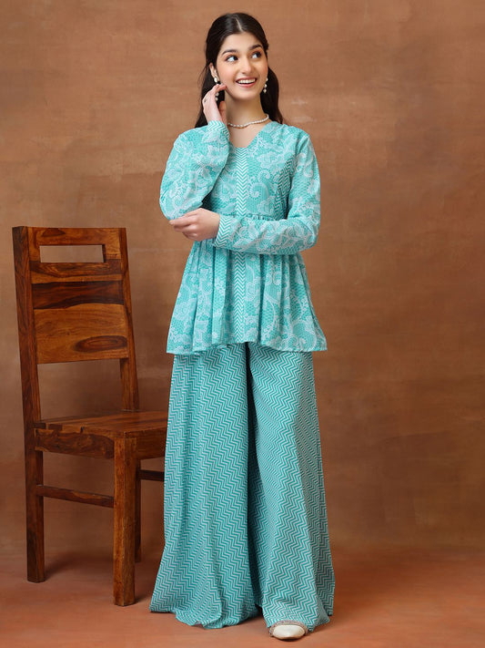 Girls Floral Printed Pleated Kurta with Palazzos