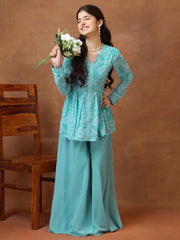 Girls Floral Printed Pleated Kurta with Palazzos