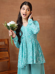 Girls Floral Printed Pleated Kurta with Palazzos