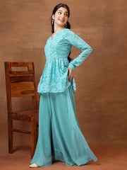 Girls Floral Printed Pleated Kurta with Palazzos
