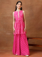 Girls Floral Printed Pleated Gotta Patti Kurta with Palazzos