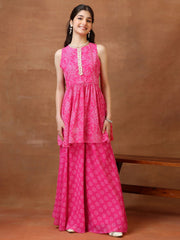 Girls Floral Printed Pleated Gotta Patti Kurta with Palazzos