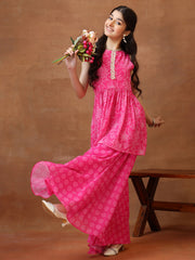 Girls Floral Printed Pleated Gotta Patti Kurta with Palazzos