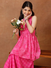 Girls Floral Printed Pleated Gotta Patti Kurta with Palazzos