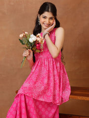 Girls Floral Printed Pleated Gotta Patti Kurta with Palazzos