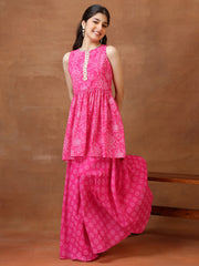 Girls Floral Printed Pleated Gotta Patti Kurta with Palazzos