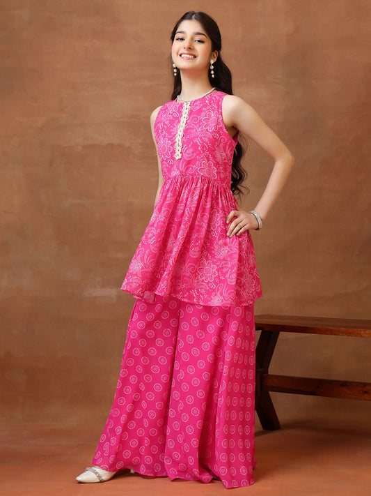 Girls Floral Printed Pleated Gotta Patti Kurta with Palazzos