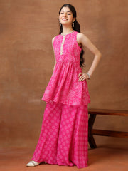 Girls Floral Printed Pleated Gotta Patti Kurta with Palazzos