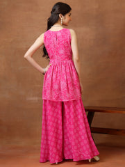 Girls Floral Printed Pleated Gotta Patti Kurta with Palazzos