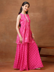 Girls Floral Printed Pleated Gotta Patti Kurta with Palazzos