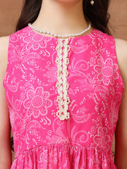 Girls Floral Printed Pleated Gotta Patti Kurta with Palazzos