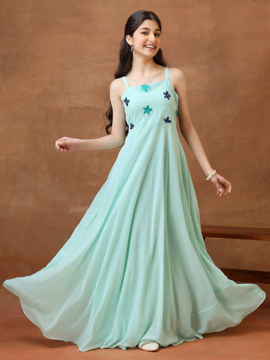 Girls Embroidered Shoulder Straps A-Line Ethnic Dresses