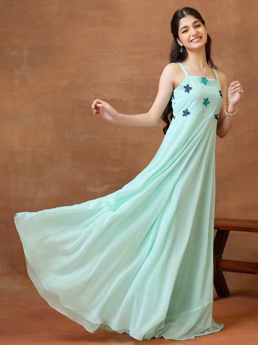 Girls Embroidered Shoulder Straps A-Line Ethnic Dresses