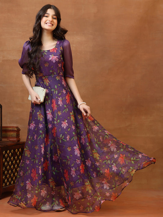 Girls Printed Round Neck Gown Maxi Dress