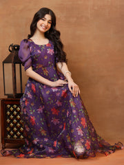 Girls Printed Round Neck Gown Maxi Dress