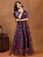 Girls Printed Round Neck Gown Maxi Dress