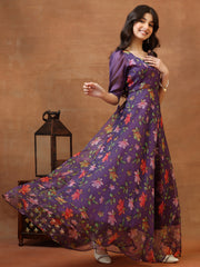 Girls Printed Round Neck Gown Maxi Dress