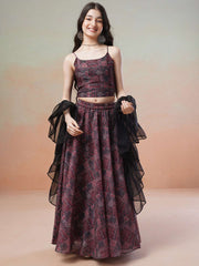 Girls Maroon Printed Ready to Wear Lehenga & Blouse With Dupatta