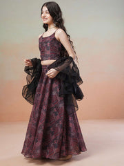 Girls Maroon Printed Ready to Wear Lehenga & Blouse With Dupatta