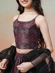 Girls Maroon Printed Ready to Wear Lehenga & Blouse With Dupatta