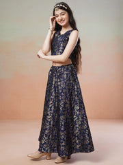 Girls Navy blue Woven Design Ready to Wear Lehenga & Blouse