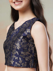 Girls Navy blue Woven Design Ready to Wear Lehenga & Blouse