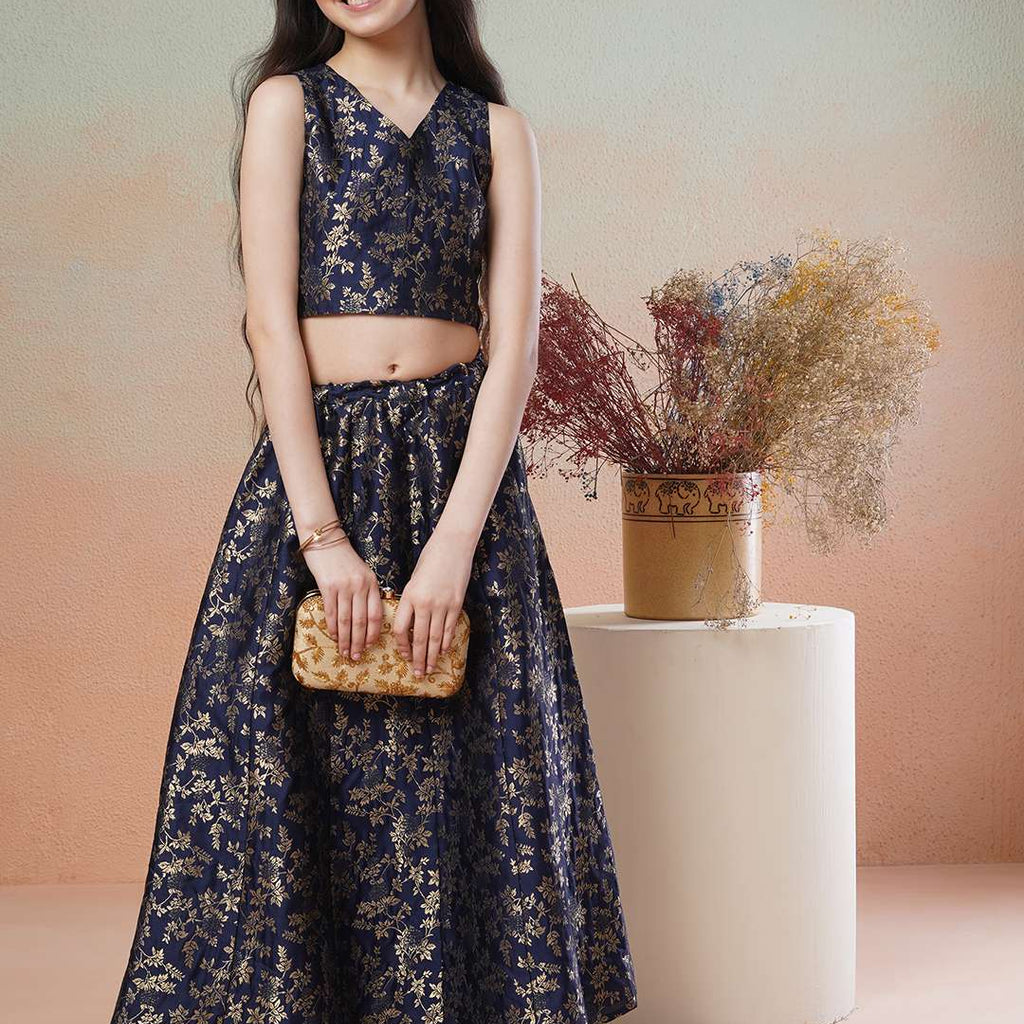 Girls Sea Green Multi Floral Printed Ready to Wear Lehenga & Blouse With Shrug
