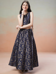 Girls Navy blue Woven Design Ready to Wear Lehenga & Blouse