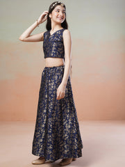 Girls Navy blue Woven Design Ready to Wear Lehenga & Blouse