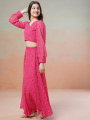 Girls Pink Floral Printed Ready to Wear Lehenga & Blouse
