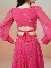 Girls Pink Floral Printed Ready to Wear Lehenga & Blouse