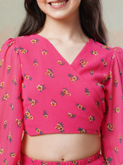 Girls Pink Floral Printed Ready to Wear Lehenga & Blouse
