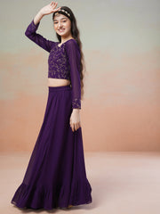 Girls Purple Embroidered Thread Work Ready to Wear Lehenga &