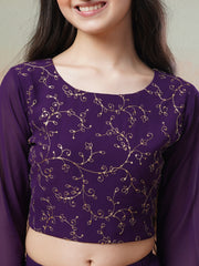 Girls Purple Embroidered Thread Work Ready to Wear Lehenga &