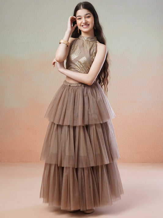 Girls Embellished Sequinned Ready to Wear Lehenga