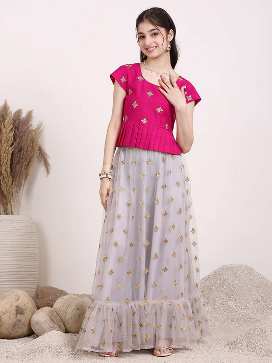 Girls Embroidered Zari Net Ready To Wear Lehenga & Choli